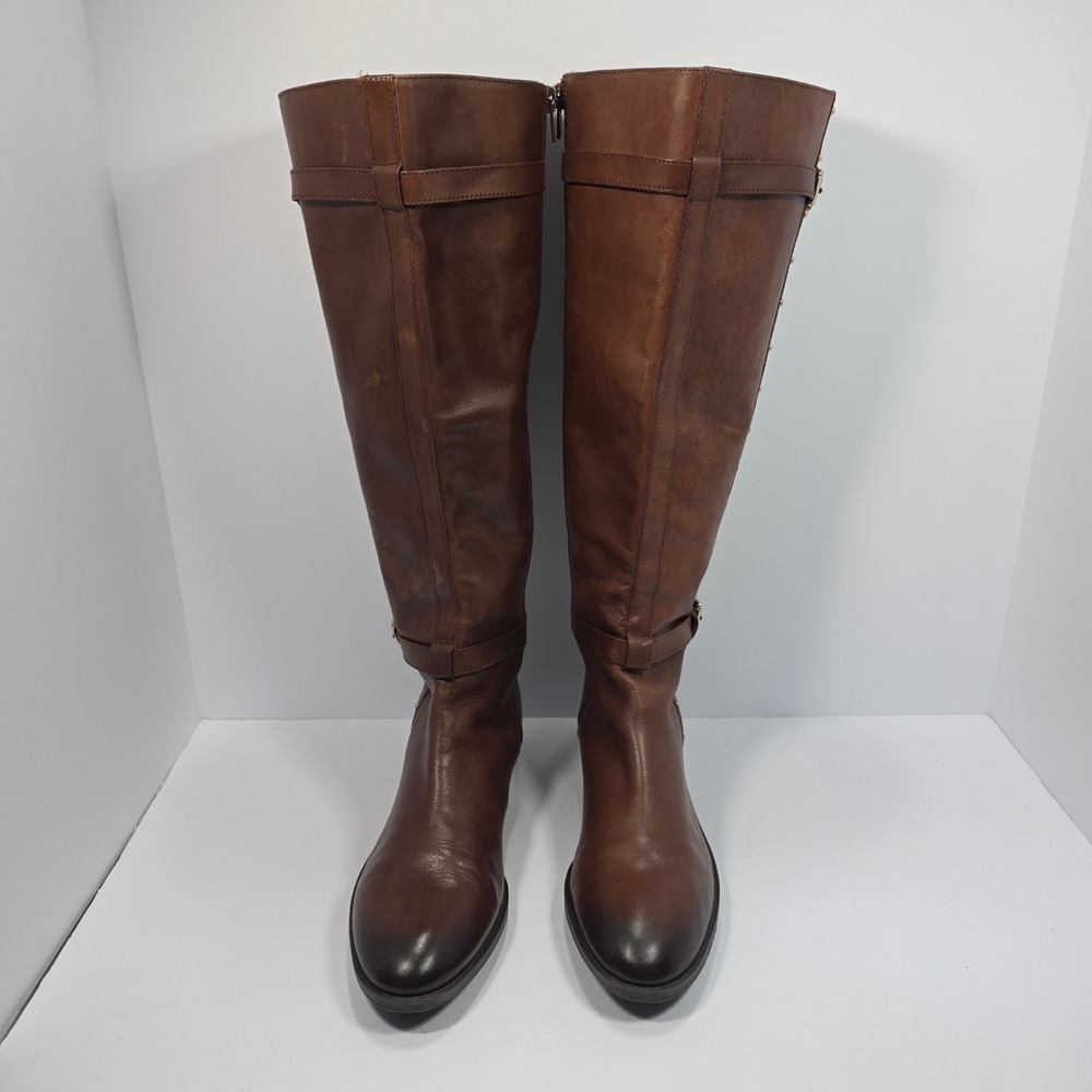 Vince Camuto Prexlee Riding Boots 8.5M Brown Leather Studded Tall Equestrian Y2K - Picture 2 of 9